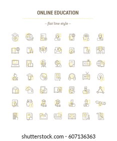 Vector graphic set. Icons in flat, contour,thin, minimal and linear design. Online education and training. Modern teaching. Simple isolated icons.Concept for web site and app. Sign,symbol,element.