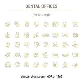 Vector graphic set. Icons in flat, contour,thin, minimal and linear design. Dentist office.Simple isolated icons on white background.Concept illustration for Web site, app.