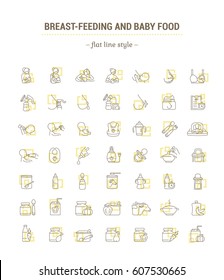 Conjunto de gráficos vectoriales. Iconos en diseño plano, delgado, mínimo y lineal.Lactancia materna, maternidad, nutrición natural del recién nacido.Icona ilustración de concepto para sitio web, app.Sign, símbolo,elemento.