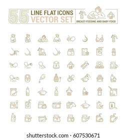 Vector graphic set. Icons in flat, contour, thin, minimal and linear design.Breastfeeding, motherhood, natural nutrition of the newborn.Concept illustration for Web site, app.Sign,symbol,element.