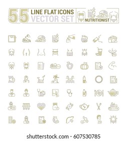 Vector graphic set. Icons in flat, contour, thin, minimal and linear design.Medicine. Nutritionist.Disease, treatment, care about health of body.Concept illustration for Web site.Sign, symbol.