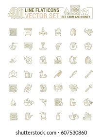 Vector graphic set. Icons in flat, contour, thin, minimal and linear design.Bee farm. Beekeeping, equipment, tool, instrument for work.Concept illustration for Web site, app.Sign,symbol,element.