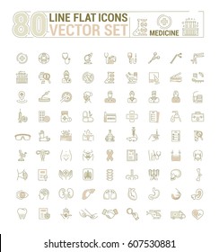 Vector graphic set. Icons in flat, contour, thin, minimal and linear design.Medicine. Branches of Medicine. Medical education.Treatment of diseases.Concept illustration for Web site.Sign, symbol.