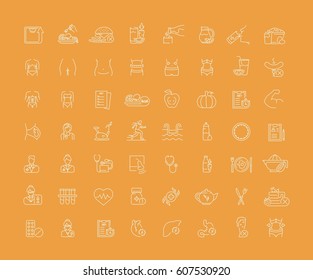 Vector graphic set. Icons in flat, contour, thin, minimal and linear design.Medicine. Nutritionist.Disease, treatment, care about health of body.Concept illustration for Web site.Sign, symbol.