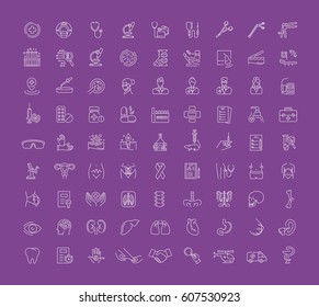 Conjunto de gráficos vetoriais. Ícones em design plano, contorno, fino, mínimo e linear.Medicina. Ramos da Medicina. Educação médica.Tratamento de doenças.Ilustração de conceito para Web site.Sign, símbolo.