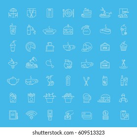 Vector graphic set. Icons in flat, contour, thin, minimal and linear design.Cafe.Food silhouettes.Fast food. Pizzeria. Catering.Simple isolated icons.Concept for web site, app.Sign and symbol.