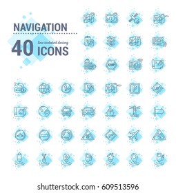 Vector graphic set. Icons in flat, contour, thin, minimal and linear design. Element of navigation system.Search course, way.Finding the way.Concept illustration for Web site.Sign, symbol.