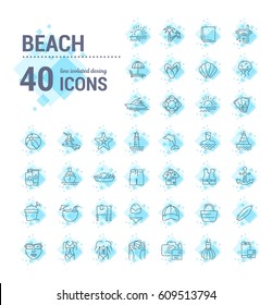 Vector graphic set. Icons in flat, contour,thin, minimal and linear design. Set of things for a beach theme.Simple isolated icons.Concept of web site and app.Sign,symbol, elements.