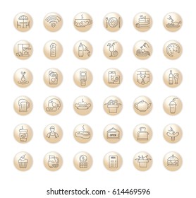Vector graphic set. Icons in flat, contour, thin, minimal and linear design.Cafe.Food silhouettes.Fast food. Pizzeria. Catering.Simple isolated icons.Concept for web site, app.Sign and symbol.