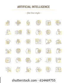 Vector graphic set. Icons in flat, contour, thin, minimal and linear design.Artificial Intelligence. Modern technology. Cyber brain.Concept illustration for Web site, app.Sign,symbol,element.