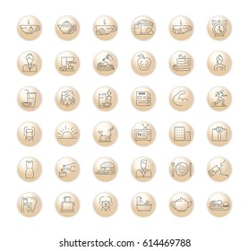 Vector graphic set. Icons in flat, contour, thin, minimal and linear design.Morning and lunch. The daily routine. Elements of the morning breakfast.Concept illustration for Web site.Sign, symbol.