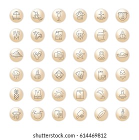 Vector graphic set. Icons in flat, contour,thin, minimal and linear design.Beach season. Set of things for a beach theme.Simple isolated icons.Concept of web site and app.Sign,symbol, elements.
