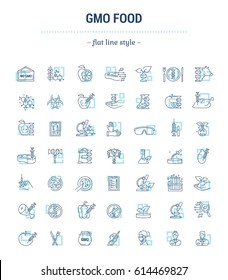 Vector graphic set. Icons in flat, contour, thin, minimal and linear design.Gmo food. Genetically modified food product.Modern technology.Concept illustration for Web site, app.Sign,symbol,element.