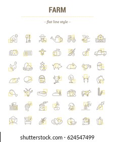 Vector graphic set. Icons in flat, contour, thin, minimal and linear design.Farm and agriculture. Farm life and husbandry tools.Concept illustration for Web site.Sign, symbol.