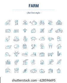 Vector graphic set. Icons in flat, contour, thin, minimal and linear design.Farm and agriculture. Farm life and husbandry tools.Concept illustration for Web site.Sign, symbol.