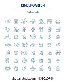 Vector graphic set. Icons in flat, contour, thin, minimal and linear design.Kindergarten. Establishment of public education of children. Concept illustration for Web site.Sign,symbol, element.