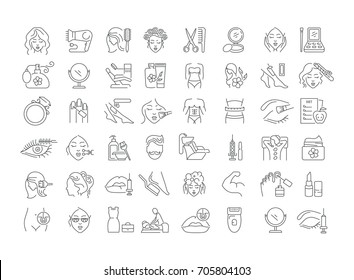 Vector graphic set. Icons in flat, contour, thin, minimal and linear design. Beauty. Attributes of beauty for men and women. Concept illustration for Web site. Sign, symbol, element. - Shutterstock ID 705804103