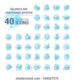 Vector graphic set. Icons in flat, contour, thin, minimal and linear design. Hair transplantation. Hairless men and women. Concept illustration for Web site. Sign, symbol, element.