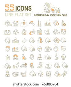 Vector graphic set. Icons in flat, contour, outline thin and linear design. Cosmetology. Skin care. Simple isolated icons. Concept illustration for Web site. Sign, symbol, element.