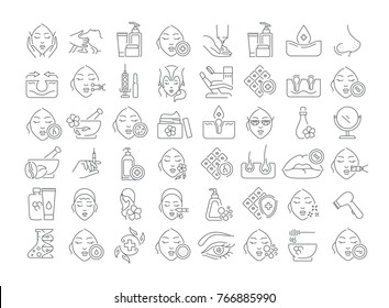 Vector graphic set. Icons in flat, contour, outline thin and linear design. Cosmetology. Skin care. Simple isolated icons. Concept illustration for Web site. Sign, symbol, element.