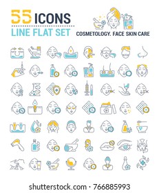 Vector graphic set. Icons in flat, contour, outline thin and linear design. Cosmetology. Skin care. Simple isolated icons. Concept illustration for Web site. Sign, symbol, element.