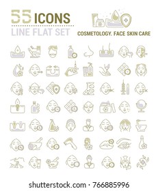 Vector graphic set. Icons in flat, contour, outline thin and linear design. Cosmetology. Skin care. Simple isolated icons. Concept illustration for Web site. Sign, symbol, element.