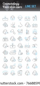 Vector graphic set. Icons in flat, contour, outline thin and linear design. Cosmetology. Skin care. Simple isolated icons. Concept illustration for Web site. Sign, symbol, element.