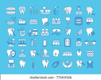 Vector graphic set. Icons in flat, contour, thin and linear design. Dental services, therapy, disease, problem, tool, reconstruction. Simple isolated icons. Concept Web illustration. Sign, symbol.