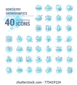 Conjunto de gráficos vectoriales. Iconos de diseño plano, compacto y lineal. Servicios dentales, terapia, enfermedades, problemas, herramientas, reconstrucción. Iconos aislados simples. Ilustración Web Concepto. Signo, símbolo.