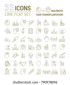 Vector graphic set. Icons in flat, contour, thin, minimal and linear design. Hair transplantation. Hairless men and women. Concept illustration for Web site. Sign, symbol, logo, element.