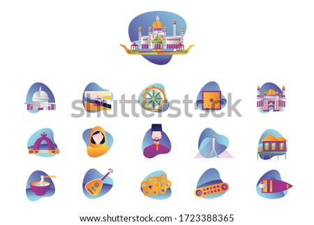 Vector graphic set. Icons in flat, contour, thin and linear design. Brunei Asia icon set, on white background.Concept illustration for Infographic, app.Sign, symbol, badge, emblem.