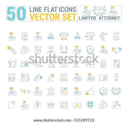 Vector graphic set. Icons in flat, contour, thin and linear design.Lawyer. Law and case law. Simple icon on white background.Concept illustration for Web site, app. Sign, symbol, emblem.