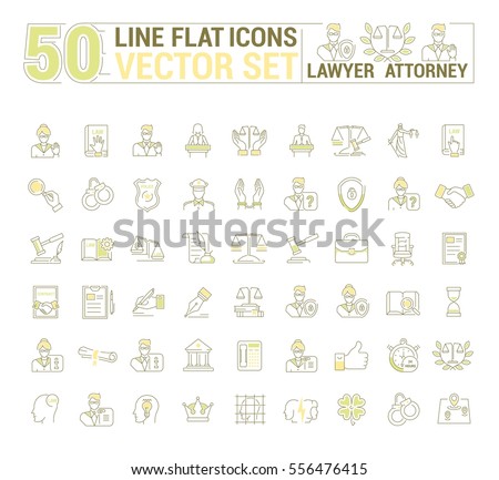 Vector graphic set. Icons in flat, contour, thin and linear design.Lawyer. Law and case law. Simple icon on white background.Concept illustration for Web site, app. Sign, symbol, emblem.