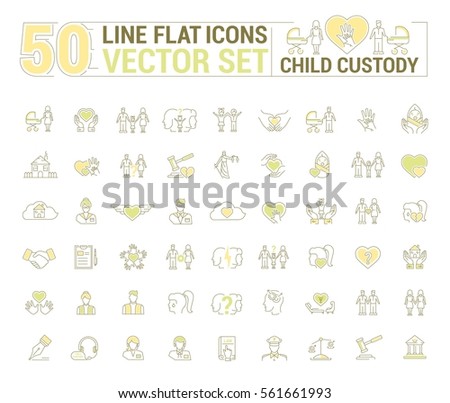 Vector graphic set. Icons in flat, contour, thin and linear design. Custody of children. Parents and state.Simple icon on white background.Concept illustration for Web site, app. Sign, symbol, emblem.