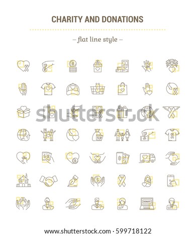 Vector graphic set. Icons in flat, contour, thin and linear design.Charity and donation.Simple icon on white background.Concept illustration for Web site, app.Sign, symbol, emblem.