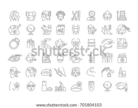 Vector graphic set. Icons in flat, contour, thin, minimal and linear design. Beauty. Attributes of beauty for men and women. Concept illustration for Web site. Sign, symbol, element.