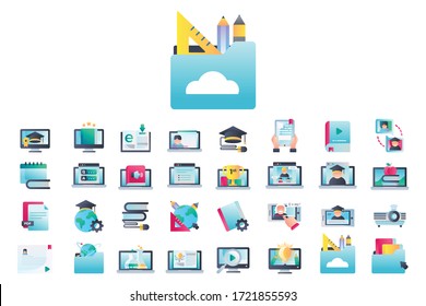 Vector graphic set. Icons in gradient and flat design.Online Learning Icon set.On white background.Concept illustration for Infographic, app.Sign, symbol, badge, emblem.