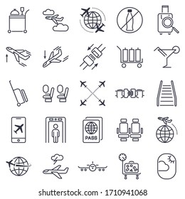 Vector graphic set of icons on the theme of the airport, travel.
