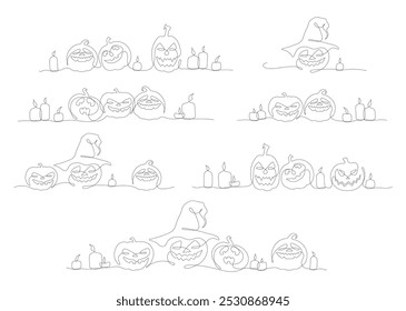 Conjunto de gráficos de Vector con calabazas y velas de Halloween aisladas en una línea
