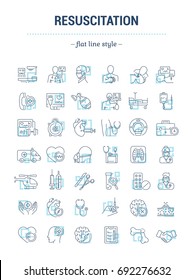 Vector graphic set. Isolated Icons in flat, contour, thin, outline, minimal and linear design. First aid to man. Ambulance. Procedure, equipment. Support patient life.Concept illustration.Sign,symbol.