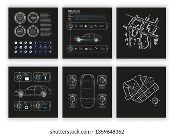 Vector graphic set. Map icons set. Black background. World map set. Transportation icons set. Globe sign. Earth globe. Automotive technology.