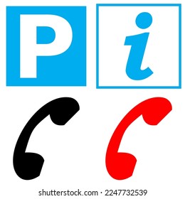 Vector graphic set of map symbols. A blue and white parking sign, a blue and white information office sign, a black public telephone and a red emergency telephone