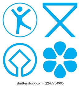 Vector graphic set of map symbols. Blue and white icons for recreational area, picnic area, heritage site and an arboretum or gardens
