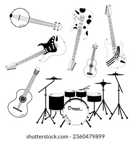 Vector graphic set of musical rock instruments. Rock band drums, cimbals, electric guitar, guitar, banjo, ukulele.