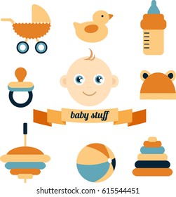 Vector graphic set of nine icons and a ribbon in orange and blue colors. Accessories for child life, baby care. Banner with childhood pattern. 