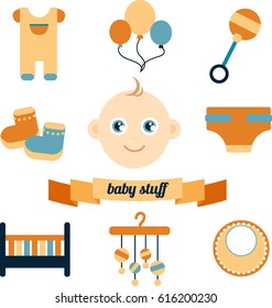 Vector graphic set of nine icons and a ribbon in orange and blue colors. Accessories for child life, baby care. Banner with childhood's pattern