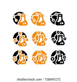 vector graphic set of nine icons of chemical flasks of black and orange colors