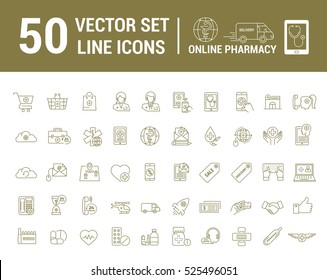 Vector graphic set. online pharmacy, Internet drug store.Medical equipment in linear, flat, contour, thin design. 