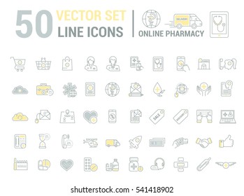 Vector graphic set. online pharmacy, Internet drug store.Medical equipment in linear, flat, contour, thin design.
