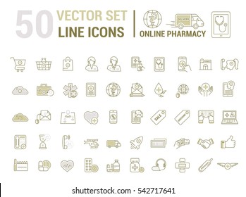 Vector graphic set. online pharmacy, Internet drug store.Medical equipment in linear, flat, contour, thin design.